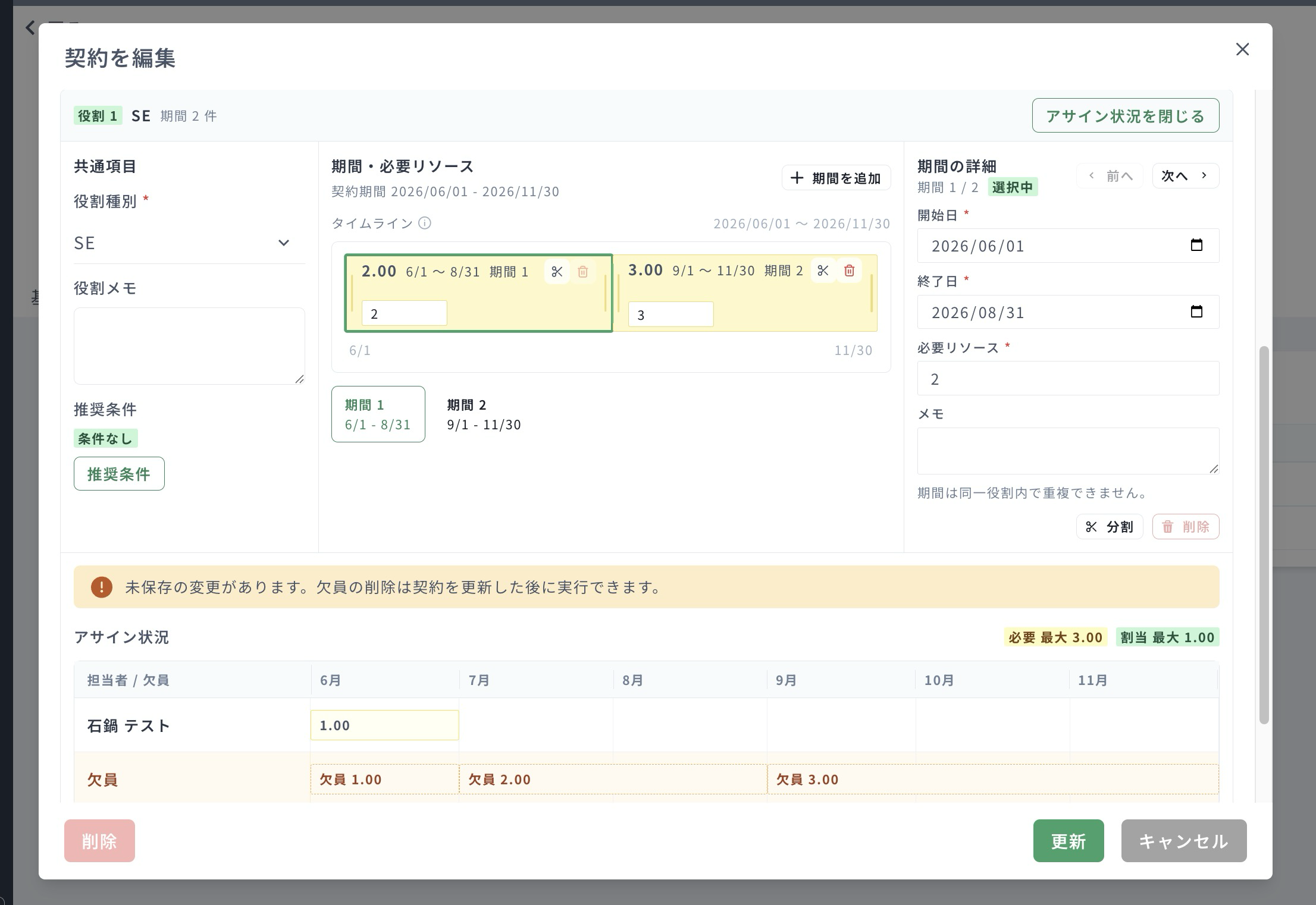 契約役割のアサイン状況と欠員を確認する画面