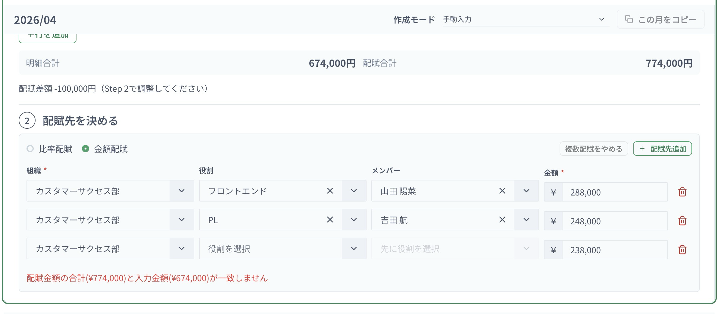 明細合計674,000円に対して配賦合計774,000円となり、差額と配賦設定のエラーを表示している画面