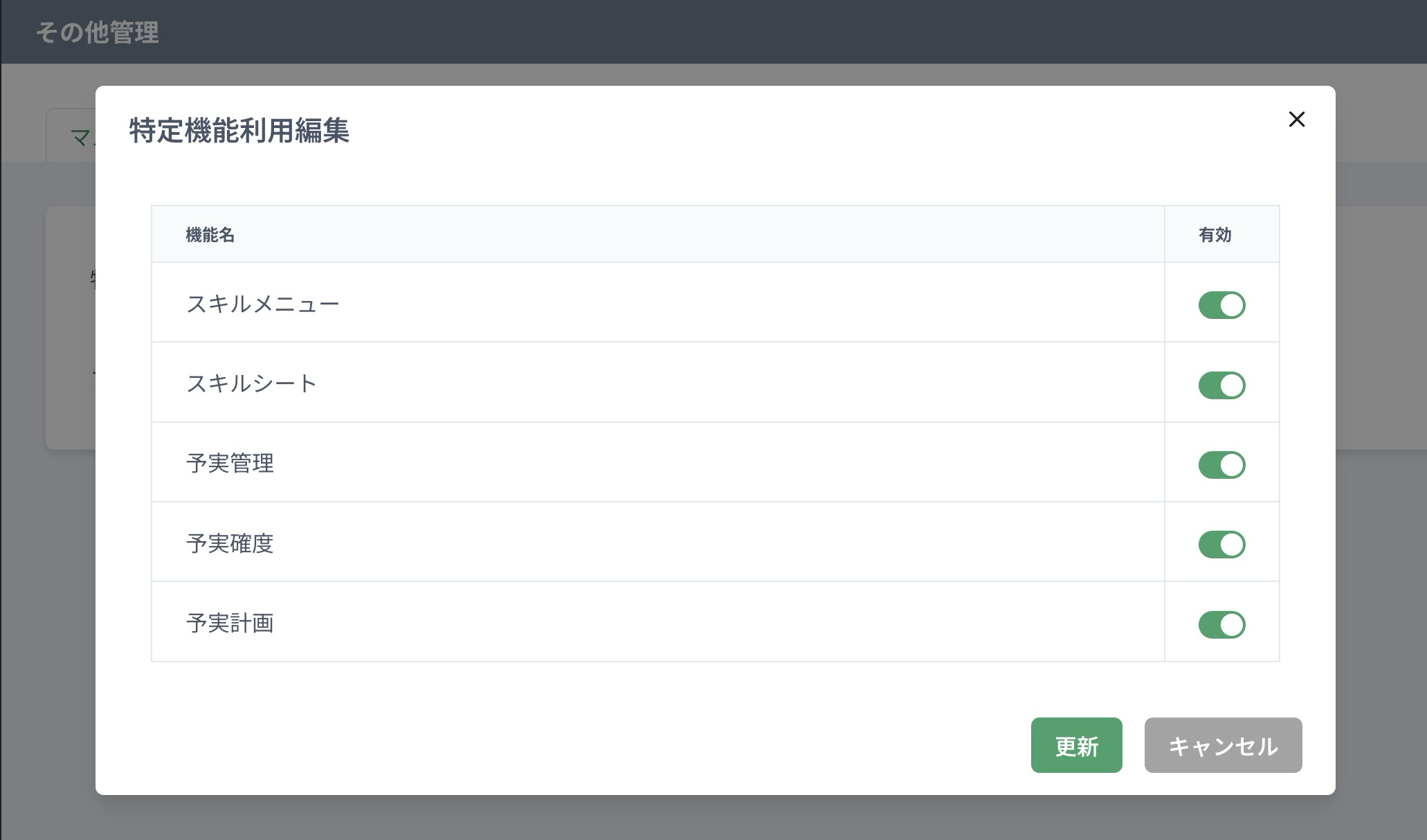 特定機能利用編集で予実管理と予実計画を有効にした状態