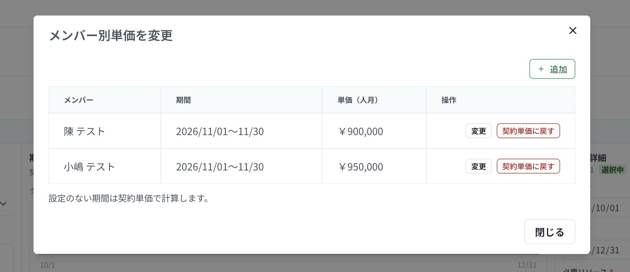 2026年11月のメンバー別単価を陳 テストは900,000円、小嶋 テストは950,000円に設定した一覧。「変更」「契約単価に戻す」から操作できます